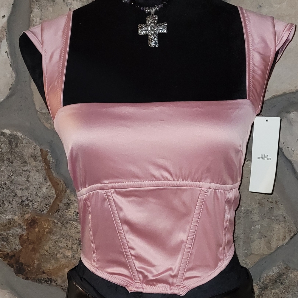 URBAN OUTFITTERS - Baby Pink Satin Corset Bustier Crop Top  – Size Medium